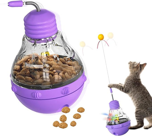 Cat Interactive Toy, Slow Food Dispenser Feeder, Tumbler Design with Teaser Wand & Glowing Ball, Funny Kitten Treats for Indoor Cats Exercise and Boredom Relief (Purple)