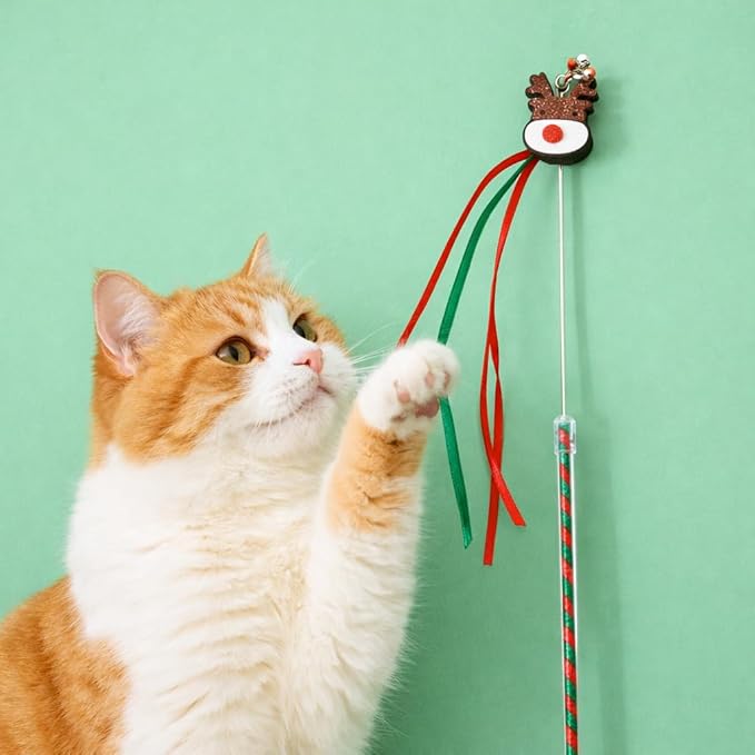 Christmas Cat Toy Wand with Bells and Ribbons – Interactive Cat Teaser Wand for Indoor Cats and Kittens, Durable Wire Cat Toy for Holiday Play and Exercise