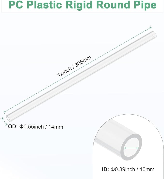 M METERXITY Clear Plastic Tube, 10mm[0.39"] ID x 14mm[0.55"] OD High Impact Rigid Polycarbonate Round Pipes for Water Plumbing/Lighting/Aquariums/Models, Plastic Tubing [305mm/12IN]