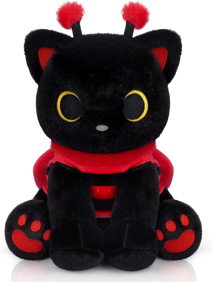 Black Cat Plush with Removable Ladybug Costume, 8inch Black Cat Stuffed Animal with Big Eyes Cute Soft Huggable Toy for Boys Girls,Toddlers Insect-Themed Room Decor Birthday Gifts