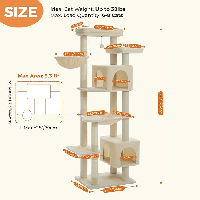 PETEPELA 69" Tall Cat Tree for Indoor Large Cats, Cat Tower for Adult Cats with Big Hammock, Cat Climbing Tree Tower with Scratching Posts, Condo House and Large Top Perch, Beige
