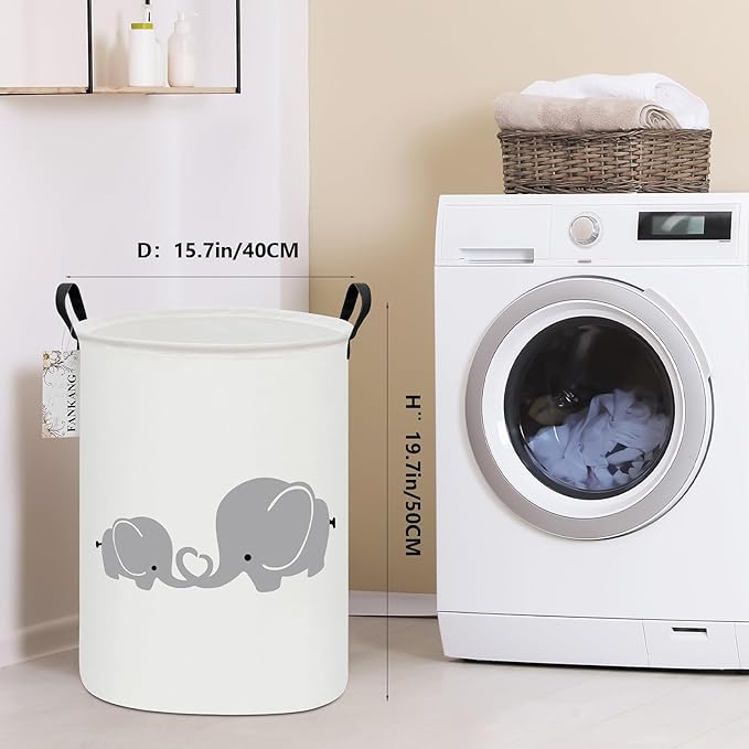 Storage Basket, Nursery Hamper Canvas Laundry Basket Foldable with Waterproof PE Coating Large Storage Baskets for Kids Boys and Girls, Office, Bedroom, Clothes,Toys（Love Elephant）