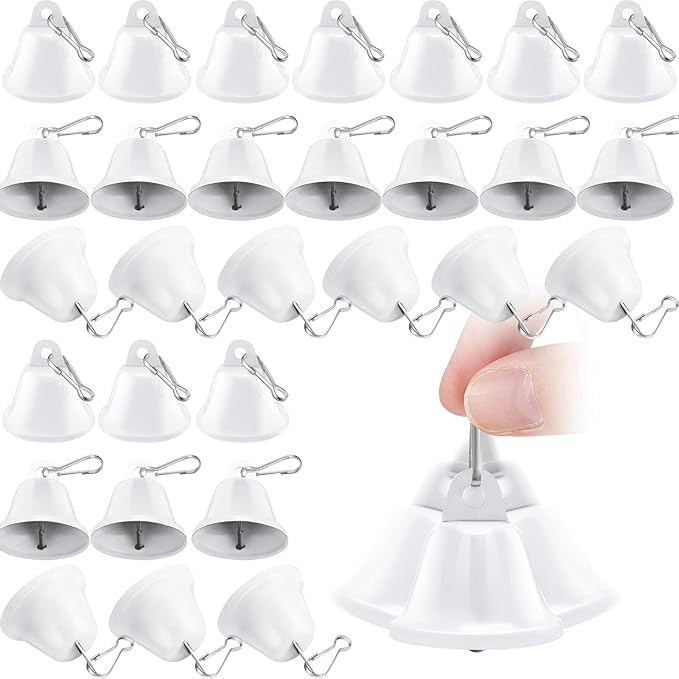 Gejoy 30 Pieces Craft Small Brass Bells for Crafts Mini Vintage Bells with Spring Hooks Tiny for Hanging Wind Chimes Making Dog Training Doorbell Wedding Decor, 1.65 x 1.5 Inch (White)