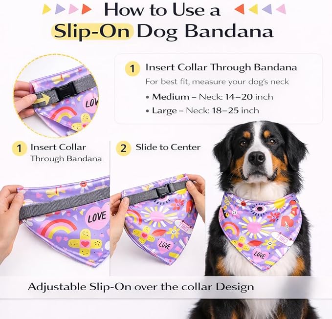 Luxury Satin Dog Bandana – Slip-On Collar Style, Premium Pet Scarf for Medium, Large & XL Dogs – Special Occasion Accessory (Collar Not Included) (Medium - Extra Large, Love n Chill)