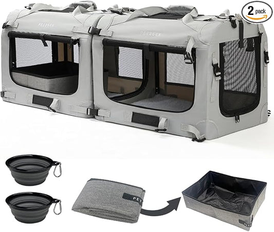 Extra Large Cat Carrier Soft Sided, Portable Small Dog Carrier for 2 Cats, 24"x16.5"x16" Car Travel Folding Comfortable Design with Litter Box and Bowls, Grey-2+ Litter Box+ Bowl*2