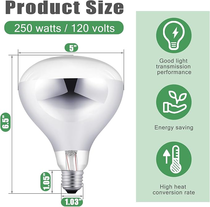 VIHOSE 8 Pack 250 Watt Heat Lamp 120v R40 Heat Lamp Bulbs Glass Incandescent Light Bulbs Incandescent Heating Lightbulbs for Reptiles Chicks Food Puppies Bathroom, Use E26 Base (Silver)