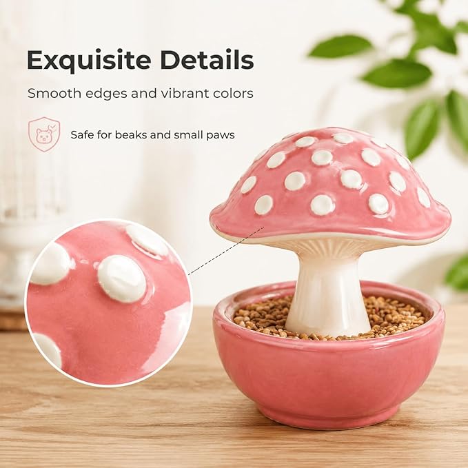 Ceramic Mushroom Bird Feeder No Mess, Spill Proof Bird Food and Water Bowl for Cage, Covered Dispenser for Parakeet, Budgie, Cockatiel, Lovebird, Hamster Accessories, 4.3" Tall