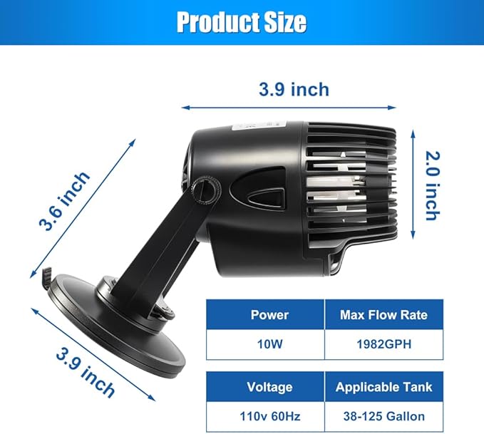 DaToo 1982GPH Mini Aquarium Circulation Pump Ultra-quiet Fish Tank Wave Maker With Suction Cup 360 Degree Rotatable Aquarium Power Head Submersible Water Pump For Freshwater And Saltwater
