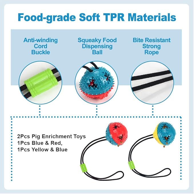 2Pcs Pig Enrichment Toys – Hanging Treat Ball for Pellets & Grains, Chew & Slow Feeder Toy with Rope for Mini Pigs