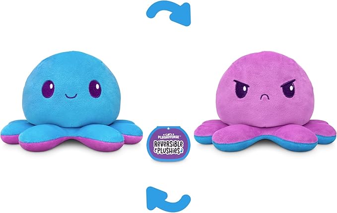 TeeTurtle Reversible Octopus Plushie 4-Inch Purple and Blue Two-Sided Flip Plush Toy with Embroidered Details - Cute Mini Collectible Plush for Kids, Teens, and Adults