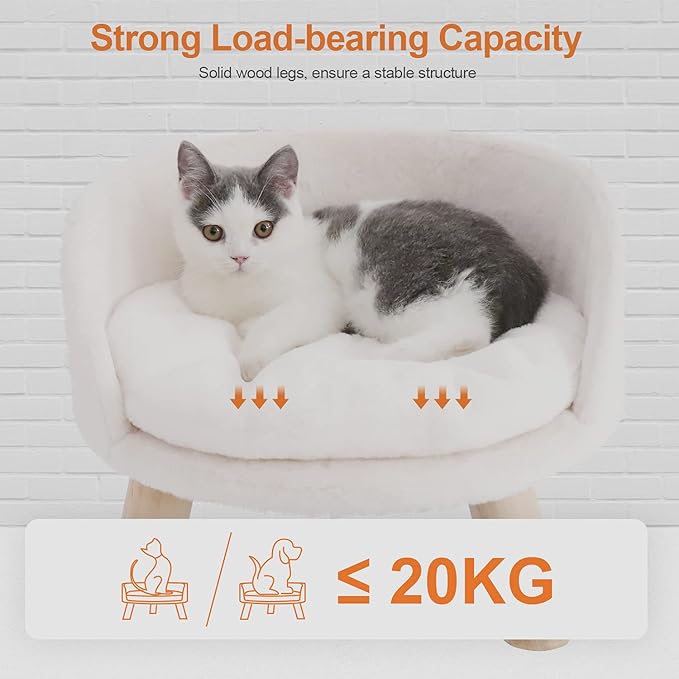 Elevated Dog Bed: Cat Bed for Indoor Cats with Cozy Pad Waterproof - Nordic Cat Stool Chair with Sturdy Wood Legs Anti Slip for Puppy Kitten
