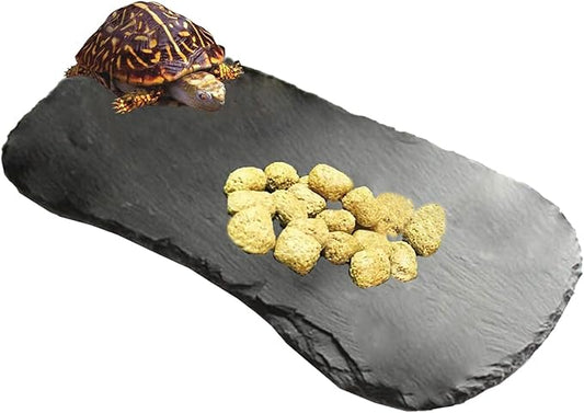 Reptile Basking Platform 13.5''x8.0'' Turtle Rock Slate Feeding Bowl Food Dish Feed Plate Tortoise Bathing Resting Slab for Lizard Gecko Bearded Dragon Chameleon Snake Frog