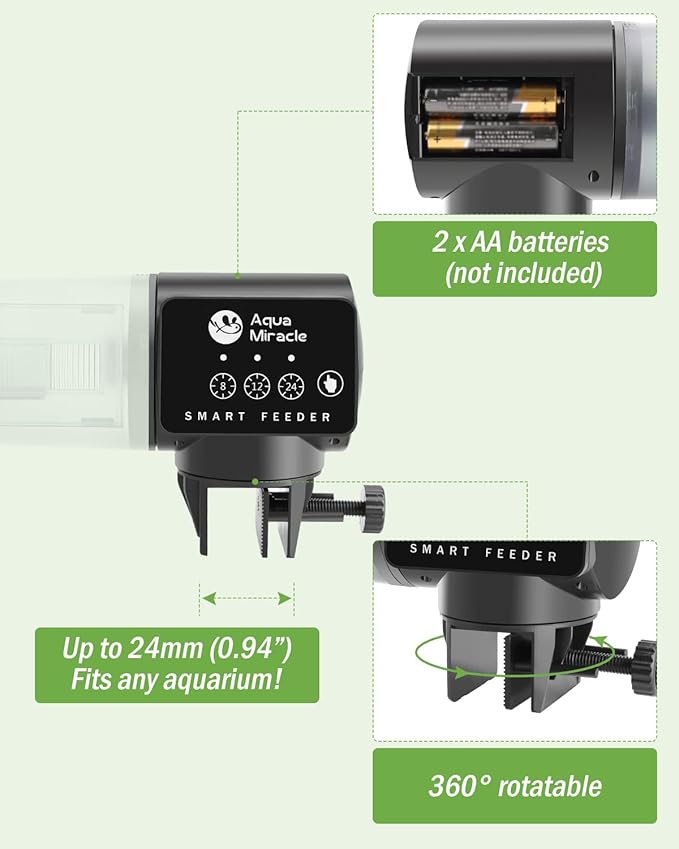 AquaMiracle Automatic Fish Feeder for Aquarium, Auto Fish Food Dispenser with Timer, Volume Adjustable Vacation Aquarium Feeder, for Granules Pallets Strips