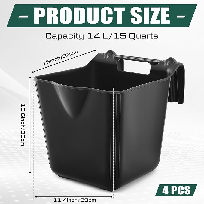 Marsui 4 Pack 15 Quart Horse Feeders for Stall Hook Over Hanging Fence Hay Feeder Mountable Livestock Plastic Feed Bucket for Farm Stalls Pasture, Stable to Feed Horses Sheep Cattle Cows Etc(Black)
