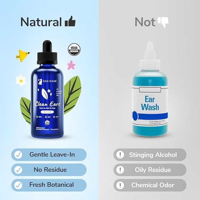 kin+kind Clean Ears - Natural Leave-in Dog Ear Cleanser - Certified USDA Organic - Fragrance Free - 12 fl oz