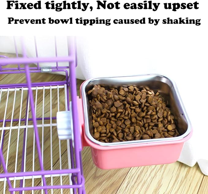 Love Dream Crate Dog Cat Bowls, Removable Stainless Steel Hanging Pet Cage Bowls Kennel, Food Water Feeder with Bolt for Puppy Rabbits Birds 2 Pack with Silicone Sponge Dish Brush