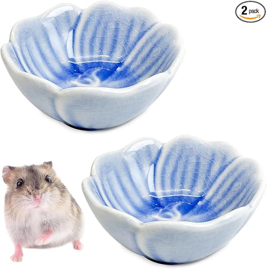 BNOSDM 2 Pcs Hamster Ceramic Food Bowl Flower Series Gerbil Drinking Bowls Anti-Turning Food & Water Dish for Dwarf Syrian Hamsters Gerbil Chinchilla（Blue, Narcissus Pattern）