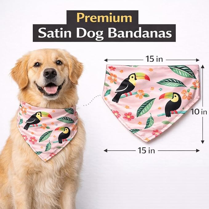 Luxury Satin Dog Bandana – Slip-On Collar Style, Premium Pet Scarf for Medium, Large & XL Dogs – Special Occasion Accessory (Collar Not Included) (Medium - Extra Large, Toucan (P) Luxe - Satin)