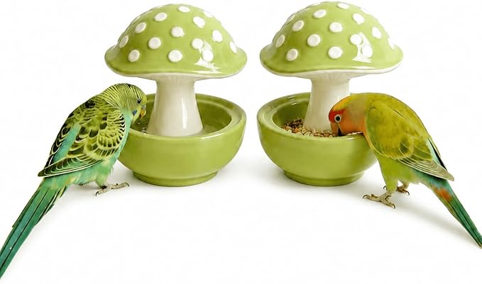 Small Animal & Bird Feeding Dish, Ceramic Mushroom No Mess Feeder for Cage, Dual-Use Food or Water Bowl for Hamster, Budgie, Cockatiel, 4.33" Height