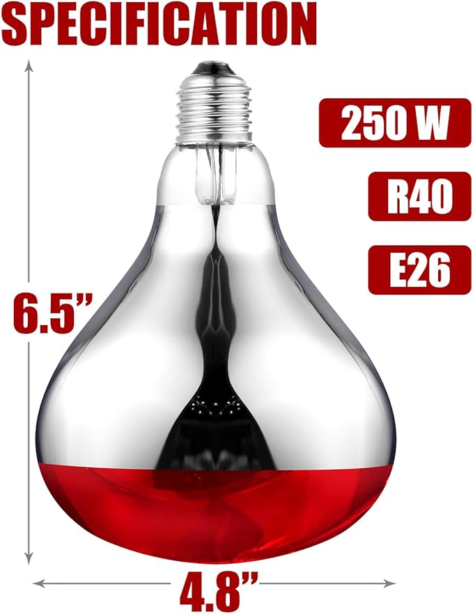 250W R40 Red Heat Lamp Bulbs, 8000 Hours Rated, Infrared Flood Light, Brooder Heating Lamp for Chickens, Reptiles, Pets, Bathroom, E26 Base - 8 Pack
