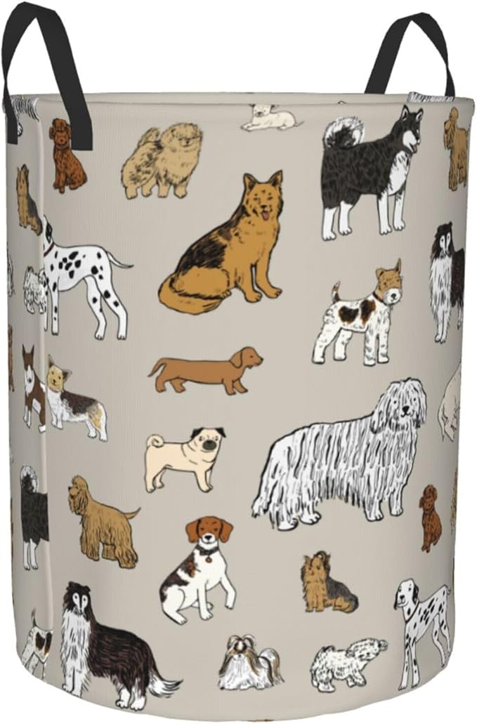 Cute Dogs Print Round Laundry Hamper Storage Basket Toys Clothes Organizer Bin For Home Bathroom Bedroom Dorm Nursery, 62l