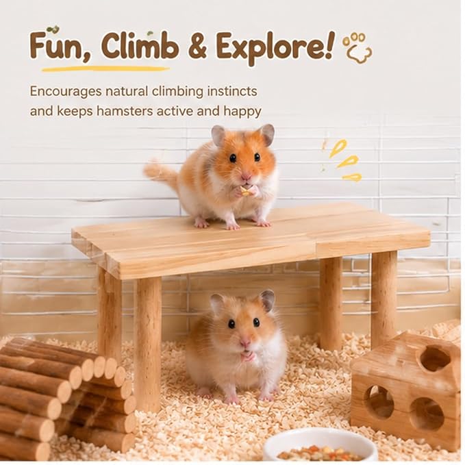 Hamster Play Platform Wooden Cage Accessory for Small Hamsters, Natural Multi-Level Climbing Playground & Rest Area, Enrichment Habitat Decor for Dwarf Syrian Hamsters