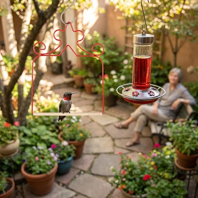 4-Pack Hummingbird Swings - Rust-Proof Metal Red Perches with Natural Wooden Dowel - Essential Bird Watching Decor for Outdoor Garden, Patio & Yard - Includes 4 S-Hooks