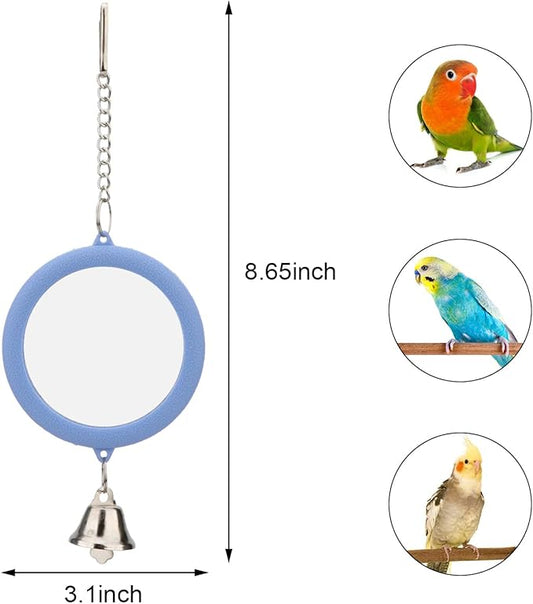 Hypeety Pet Bird Mirror with Bell Interactive Parrot Toy Bird Cage Mirror for Cockatiel Parakeets Canaries Budgie (Blue)
