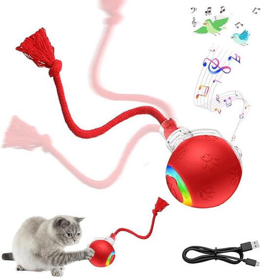 Interactive Cat Toy Ball with Red Tassel Tail, 3 Speed Modes Motion Activated Automatic Rolling Ball with Sound On/Off, USB Rechargeable Durable Toys for Cats & Kittens, Indoor Small Dogs