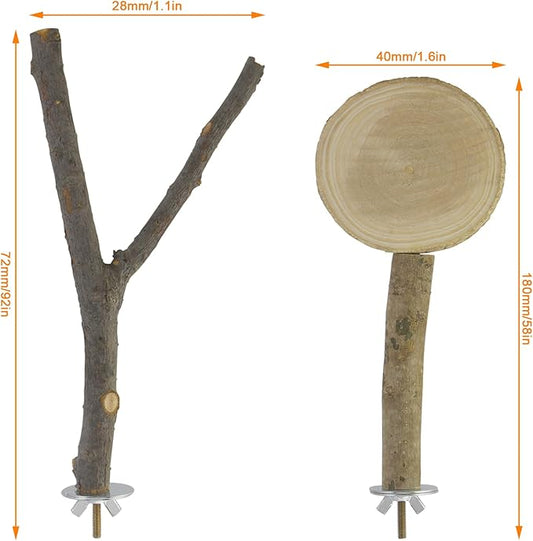 2 PCS Natural Wood Bird Perches for Cage, Multi-Branch Parrot Perch Stand with Fork & Platform, Cage Accessories for Parakeet Cockatiel Lovebirds Conures