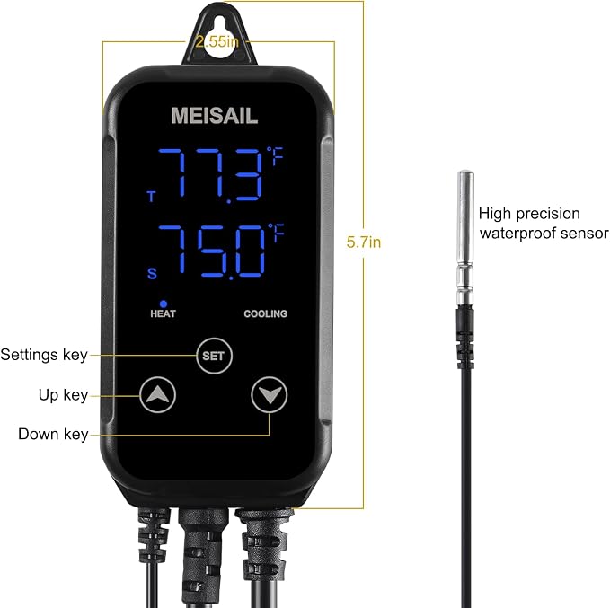 Digital Temperature Controller 2-Stage Outlet Thermostat | Heating and Cooling Mode, Carboy Homebrew Fermenter, Greenhouse Terrarium, 110V 10A, S10B-B