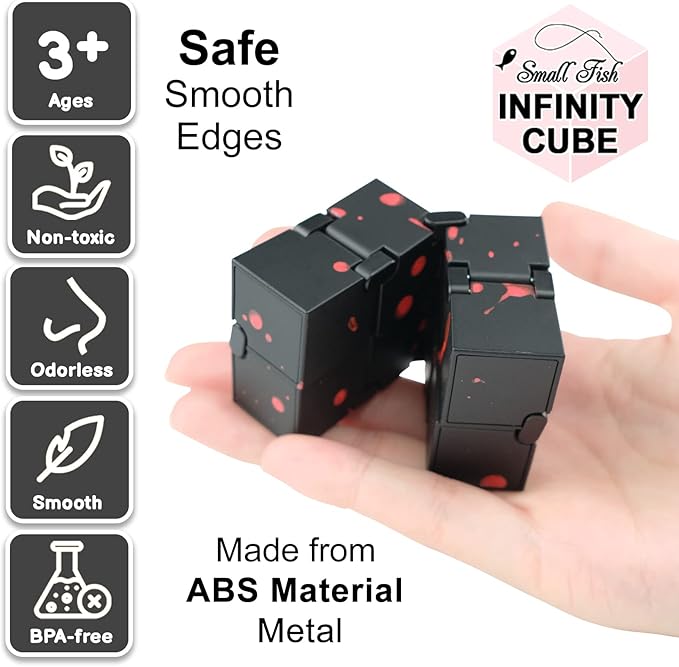 SMALL FISH Fidget Infinity Cube - Built-in Metal Never Ending Infinity Cube, Cool Sensory Infinite Fidget Toy for Stress and Stress Relief, Best for Adults and Kids with Autism,and ADHD (Black-Red)