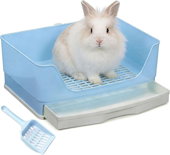 Large Rabbit Litter Box,Corner Potty Trainer with Drawer for Small Animals, Easy Clean Bedding Toilet for Adult Bunny, Guinea Pig, Ferret, Hamster (Blue)