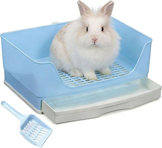 Large Rabbit Litter Box,Corner Potty Trainer with Drawer for Small Animals, Easy Clean Bedding Toilet for Adult Bunny, Guinea Pig, Ferret, Hamster (Blue)