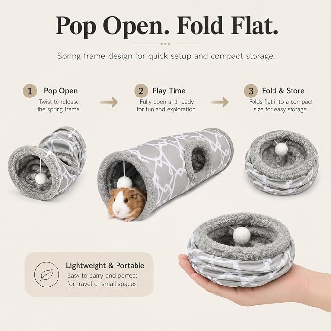 Plush Inside Stright Shape Small Animals Tube Tunnel with Interactive Ball for Guinea Pig, Hamster, Chinchilla, Hedgehog Hiding and Resting, Geometric Grey