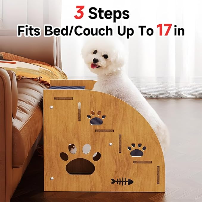Pet Steps for Small Dogs,Wooden Cat Stairs for Old Cats,Doggy Dog Steps for Bed Couch Sofa Windows,3-Step Ladder, 16" L x 12" W x 14" H，Suitable for Height 14-17in