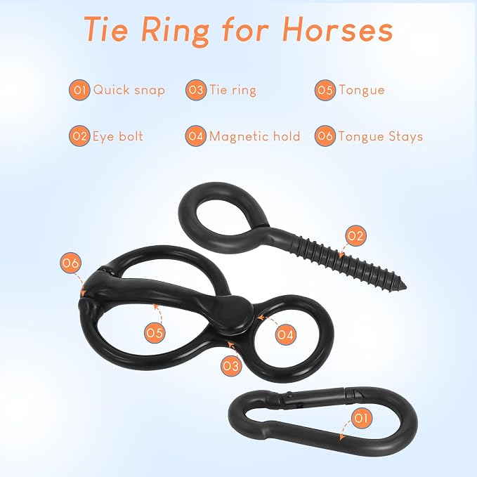 4 Sets Horse Tie Ring, Horse Tack and Supplies, Safe Horse Accessories Training Equipment with Eye Bolt and Snaps Saddle Black