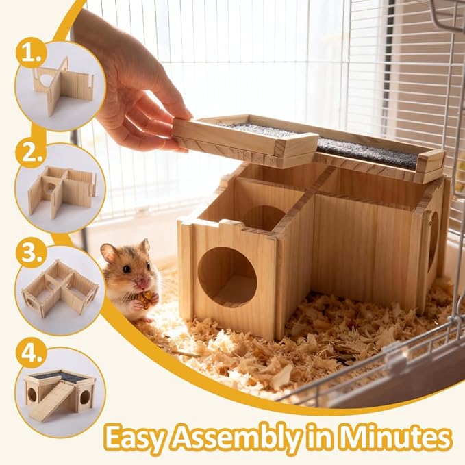 Hamster Hideout Wooden House with Ladder & Washable Pad, Small Animal Habitat Cage Accessories, Cozy Nest for Dwarf Syrian Hamsters, Gerbils & Mice