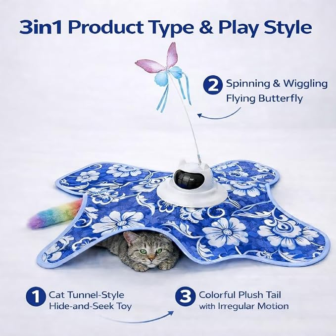 Interactive Cat Toy for Indoor Cats, Rechargeable 3-in-1 Hide and Seek Cat Toy with Spinning Butterfly & Plush Tail, Ultra-Quiet Touch Activated Self Play Cat Exercise Toy for Adult Kittens (Teal) | Touch Activated, Spinning Butterfly, Plush Tail, Ultr...