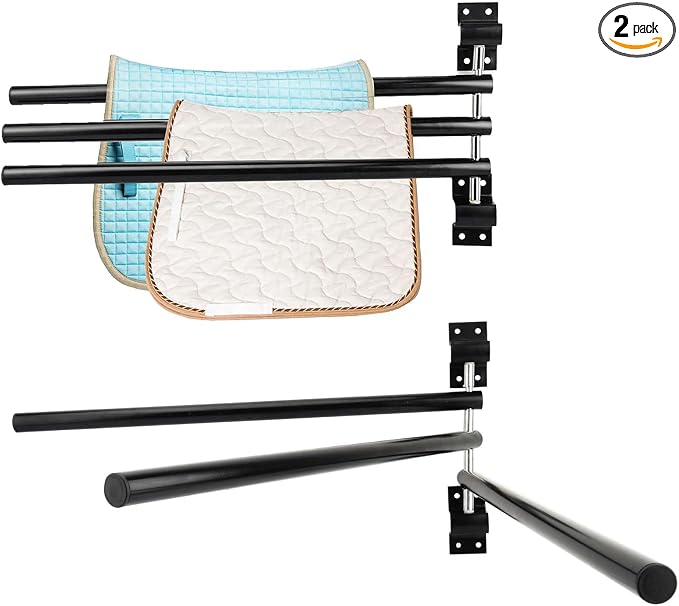 2 Pack Saddle Pad Rack with 3 Bar,Wall Mounted Swinging Horse Blanket Rack for Hanging Blankets & Pads, Ideal for Horse Stall, Tack Room, Stable and Barn
