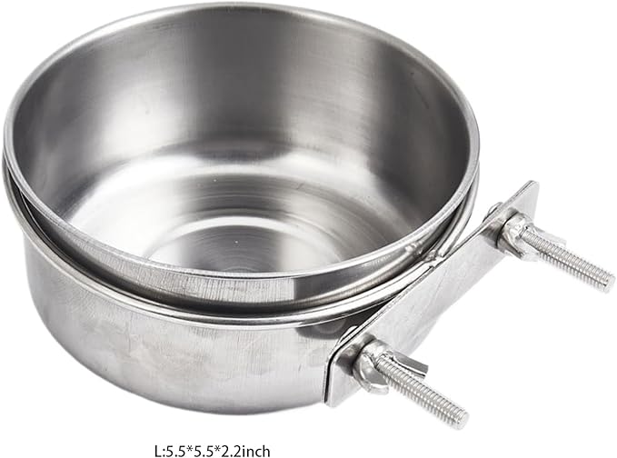 Bird Bowls for Cage Stainless Steel, Parakeet Feeding Dish Cups with Clamp Holder, Hanging Hamster Foraging Food Water Bowl for Parrot Cockatiel Budgies Bunny Hedgehog Dog Cat (5.5*2.2inch,Silver)