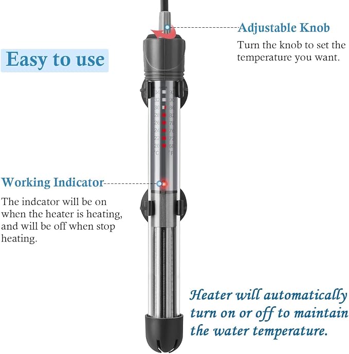 HITOP 100W Adjustable Aquarium Heater, Submersible Fish Tank Heater Thermostat with Suction Cups for 12-30Gal