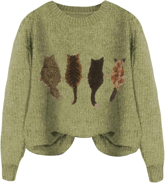 WDIRARA Women's Cat Graphic Sweater Long Sleeve Crew Neck Knit Tops Casual Knitwear