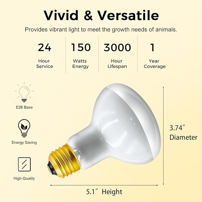 Reptile Heat Lamp 150W,Daylight UVA Basking Light Bulbs with E26 Base for Lizards, Turtles, Snakes and Amphibians 2 Pack