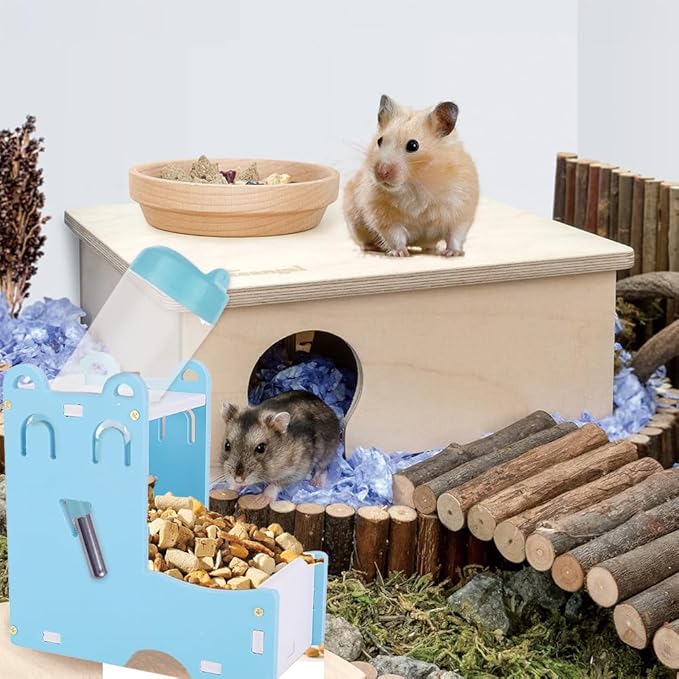 Hamster Water Bottle Stand, 2 in 1 Hanging Rat Auto Dispenser Small Animal Drinking Bottle Food Container Base Hideout Mouse Automatic Feeder Bowl Cage Toy Dwarf Hedgehog Pet Mice Gerbil Guinea Pig