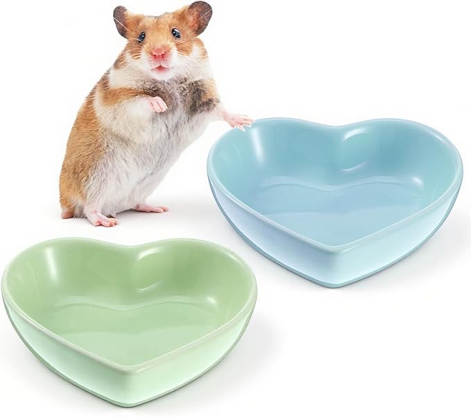 2 PCS Hamster Ceramic Food Bowl, Anti-Turning Heart Hamsters Food Water Dish, Ceramic Pet Bowls for Guinea Pig Gerbil Hedgehog Rat Rodent Bunny Parrots (Green, Blue)