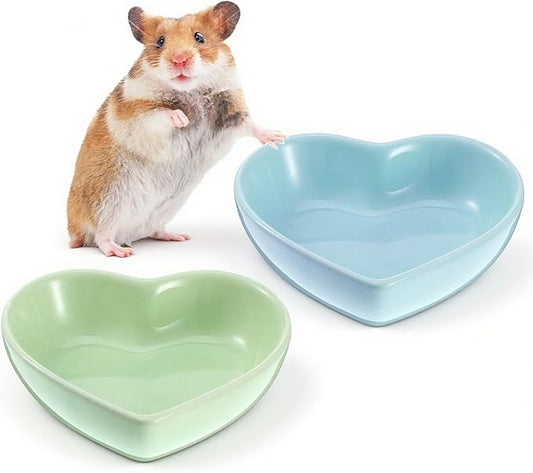 2 PCS Hamster Ceramic Food Bowl, Anti-Turning Heart Hamsters Food Water Dish, Ceramic Pet Bowls for Guinea Pig Gerbil Hedgehog Rat Rodent Bunny Parrots (Green, Blue)