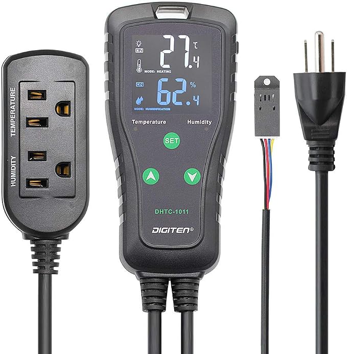 Temperature and Humidity ControllerPlug-in Thermostat Humidistat Reptile Greenhouse,Dual Stage Pre-Wired Outlet 110V 10A