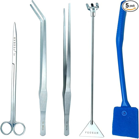 Aquarium Aquascape Tools Kit + Brush - 15 inch Stainless Steel Aquatic Tweezers/Feeding Tongs, Scissors, Spatula, Algae Scraper, Rake for Fish Tank Cleaning Scrubbing, Trimming, Terrarium Supplies