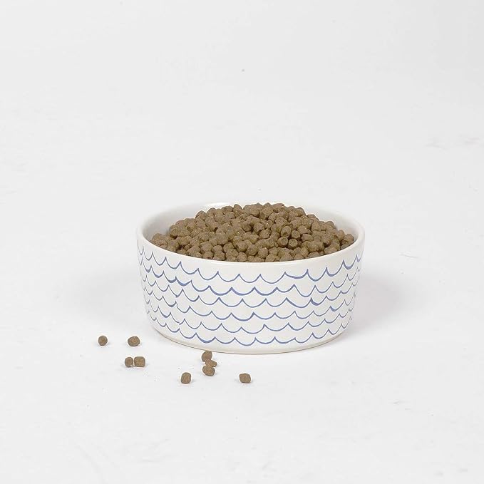 Waggo Ceramic Dog Bowl – Blue & White Wave Pattern Pet Food & Water Bowl – Durable, Dishwasher Safe Modern Dog Dish (Medium)